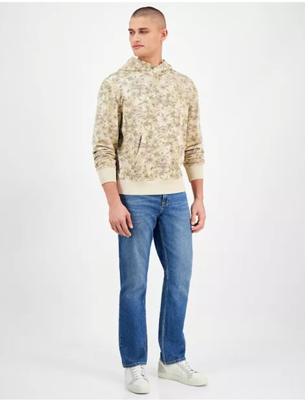 Men's Cotton Beige Floral Hooded Sweatshirt